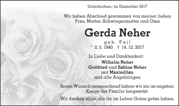 Traueranzeige von Gerda Neher von Schwäbische Post