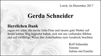 Traueranzeige von Gerda Schneider von Gmünder Tagespost