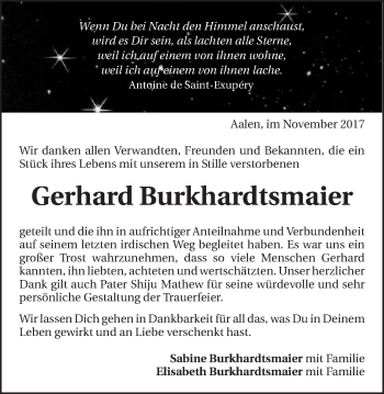 Traueranzeige von Gerhard Burkhardtsmaier von Schwäbische Post