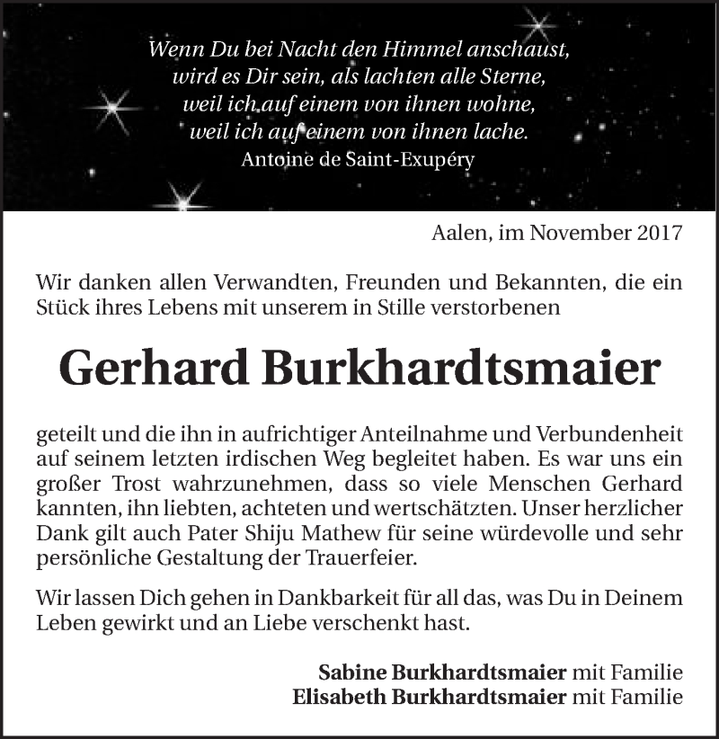  Traueranzeige für Gerhard Burkhardtsmaier vom 09.12.2017 aus Schwäbische Post