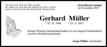Traueranzeige von Gerhard Müller von Gmünder Tagespost