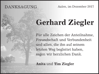 Traueranzeige von Gerhard Ziegler von Schwäbische Post