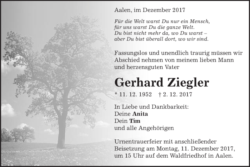  Traueranzeige für Gerhard Ziegler vom 07.12.2017 aus Schwäbische Post