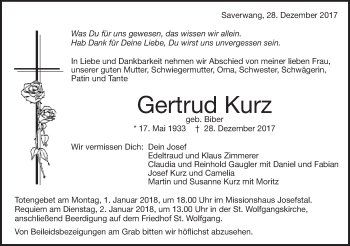 Traueranzeige von Gertrud Kurz von Schwäbische Post