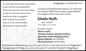 Traueranzeige von Gisela Huth von Gmünder Tagespost