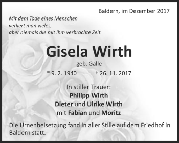 Traueranzeige von Gisela Wirth von Schwäbische Post