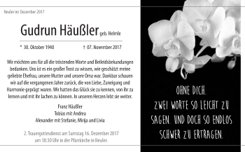 Traueranzeige von Gudrun Häußler von Schwäbische Post