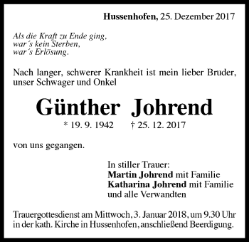 Traueranzeige von Günther Johrend von Gmünder Tagespost