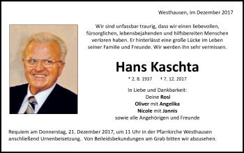 Traueranzeige von Hans Kaschte von Schwäbische Post