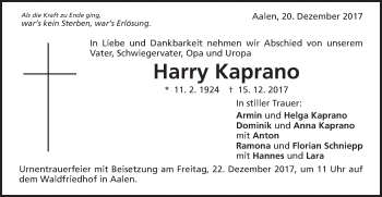 Traueranzeige von Harry Kaprano von Schwäbische Post