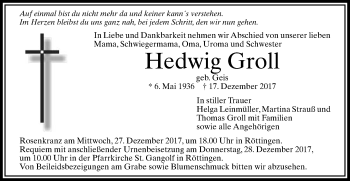 Traueranzeige von Hedwig Groll von Schwäbische Post