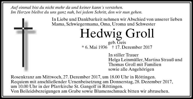  Traueranzeige für Hedwig Groll vom 23.12.2017 aus Schwäbische Post