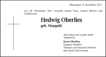 Traueranzeige von Hedwig Oberlies von Schwäbische Post