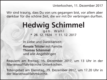 Traueranzeige von Hedwig Schimmel von Schwäbische Post