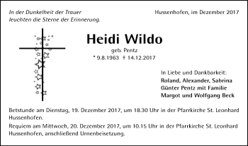 Traueranzeige von Heidi Wildo von Gmünder Tagespost