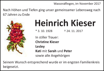 Traueranzeige von Heinrich Kieser von Schwäbische Post