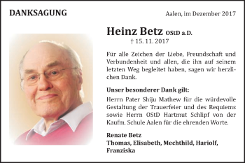 Traueranzeige von Heinz Betz von Schwäbische Post