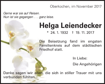 Traueranzeige von Helga Leiendecker von Amtsblatt_Oko