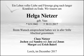 Traueranzeige von Helga Nietzer von Gmünder Tagespost