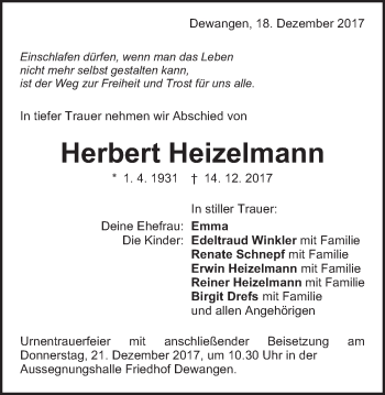 Traueranzeige von Herbert Heizelmann von Schwäbische Post