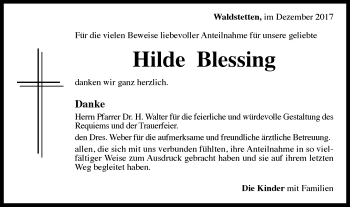Traueranzeige von Hilde Blessing von Gmünder Tagespost