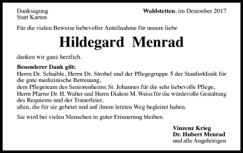 Traueranzeige von Hildegard Menrad von Gmünder Tagespost