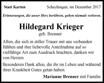 Traueranzeige von Hildegard krieger von Gmünder Tagespost