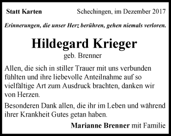 Traueranzeige von Hildegard krieger