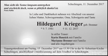 Traueranzeige von Hildegard krieger von Gmünder Tagespost