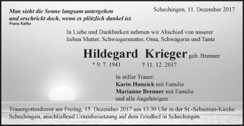 Traueranzeige von Hildegard krieger