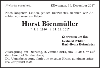 Traueranzeige von Horst Bienmüller von Schwäbische Post