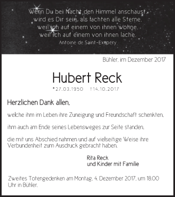 Traueranzeige von Hubert Reck von Schwäbische Post