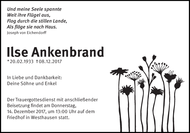  Traueranzeige für Ilse Ankenbrand vom 12.12.2017 aus Schwäbische Post