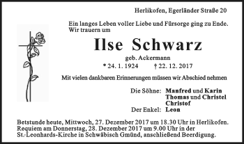 Traueranzeige von Ilse Schwarz von Gmünder Tagespost