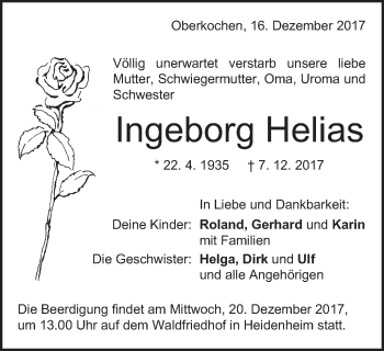 Traueranzeige von Ingeborg Helias von Schwäbische Post
