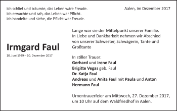 Traueranzeige von Irmgard Faul von Schwäbische Post