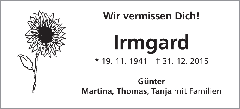  Traueranzeige für Irmgard Seizer vom 30.12.2017 aus Schwäbische Post