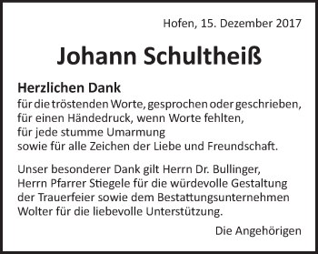 Traueranzeige von Johann Schultheiß von Schwäbische Post