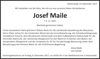 Traueranzeige von Josef Maile von Schwäbische Post