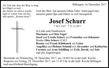 Traueranzeige von Josef Schurr von Gmünder Tagespost