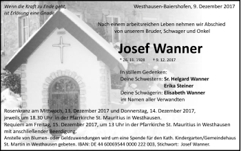 Traueranzeige von Josef Wanner von Schwäbische Post