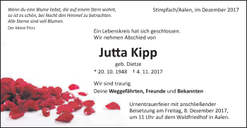 Traueranzeige von Jutta Kipp von Schwäbische Post