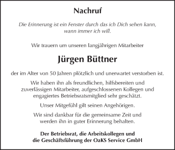 Traueranzeige von Jürgen Büttner von Schwäbische Post