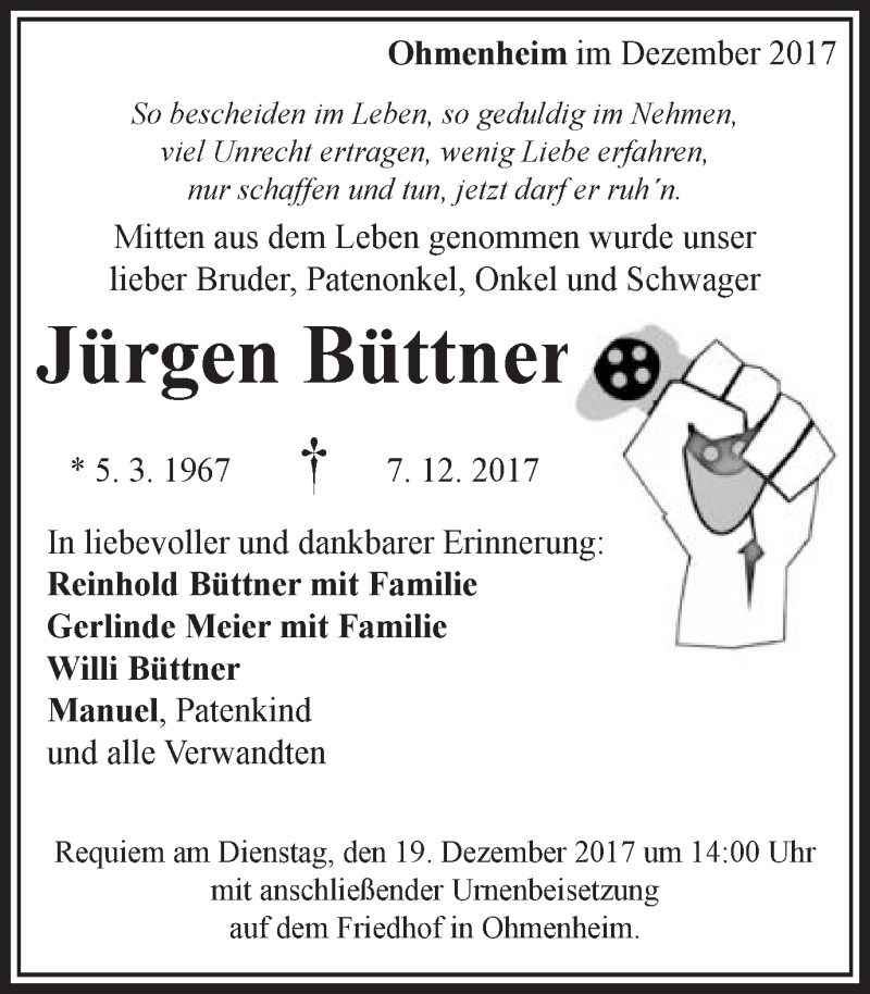  Traueranzeige für Jürgen Büttner vom 15.12.2017 aus Bopfinger Stadtanzeiger