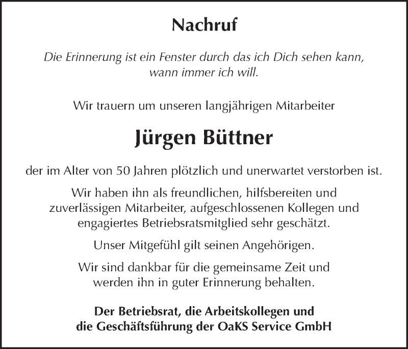  Traueranzeige für Jürgen Büttner vom 22.12.2017 aus Schwäbische Post