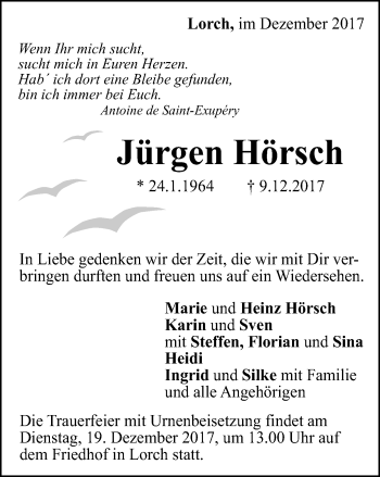Traueranzeige von Jürgen Hörsch von Gmünder Tagespost
