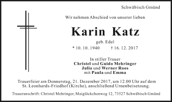 Traueranzeige von Karin Katz von Gmünder Tagespost