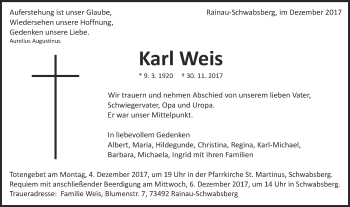 Traueranzeige von Karl Weis von Schwäbische Post