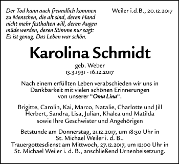 Traueranzeige von Karolina Schmidt von Gmünder Tagespost