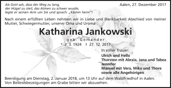 Traueranzeige von Katharina Jankowski von Schwäbische Post